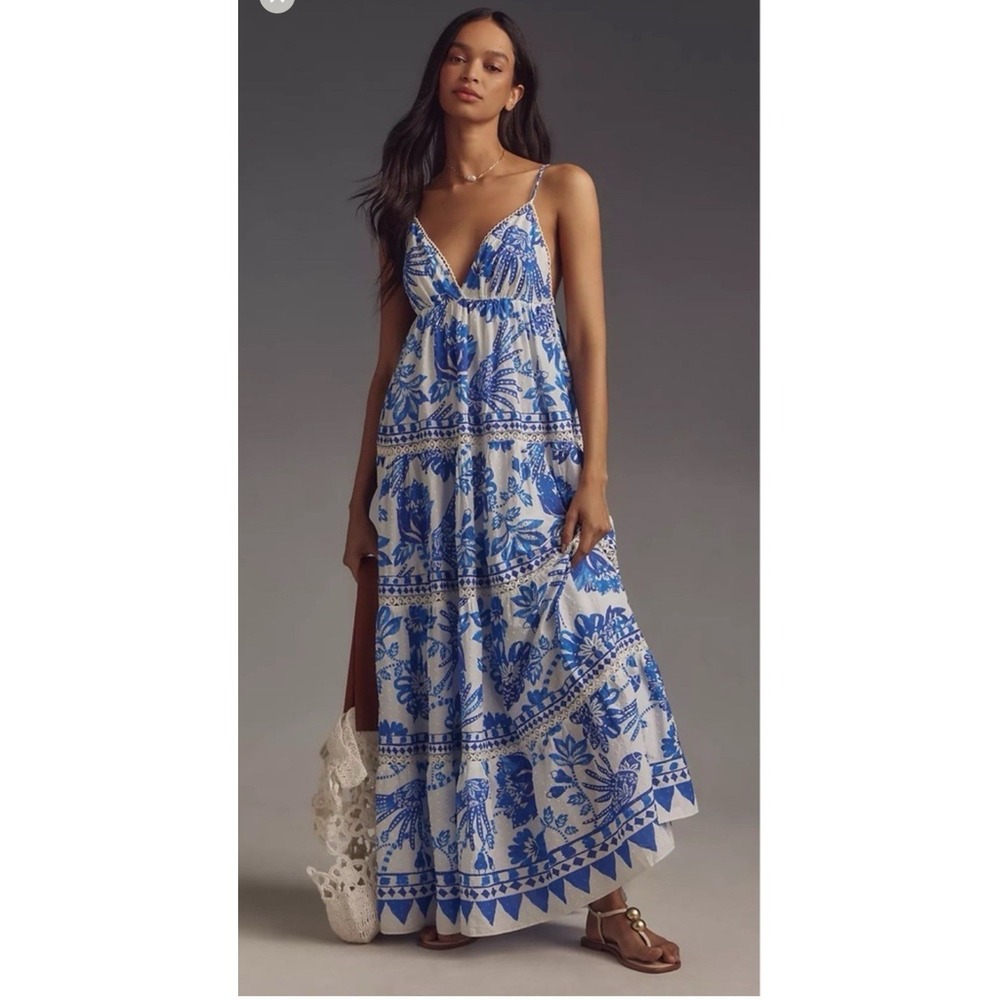 Farm Rio Flowerful Birds Maxi Dress Blue Floral Tiered Size M NEW NWT $255